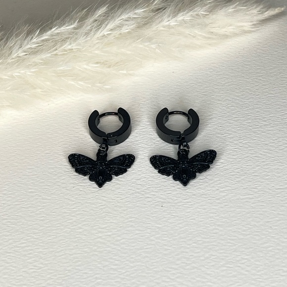 Dainty Goth Hoop Earrings,  Moon, Moth and Star Hoop Set, Edgy all Black Hoops - Picture 3 of 14